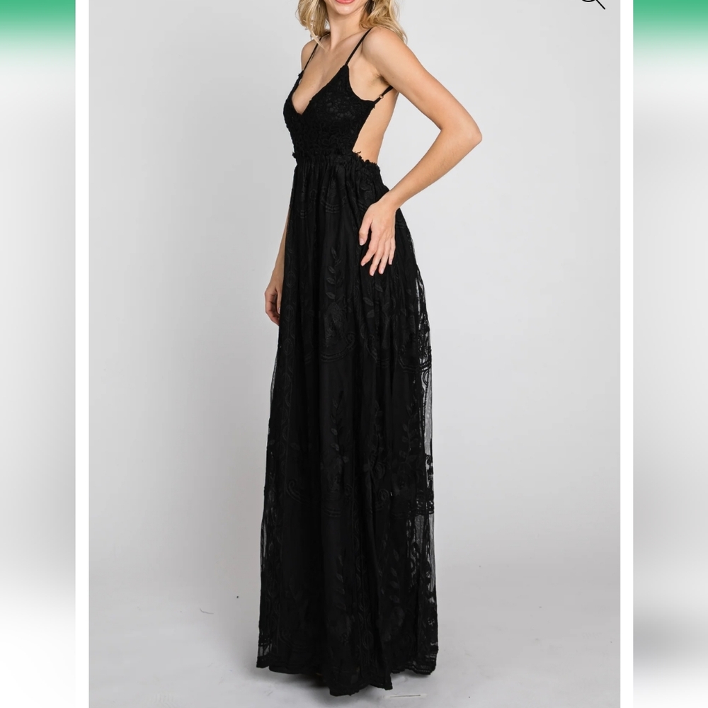 Black Crochet Lace Open Back Maxi Dress
